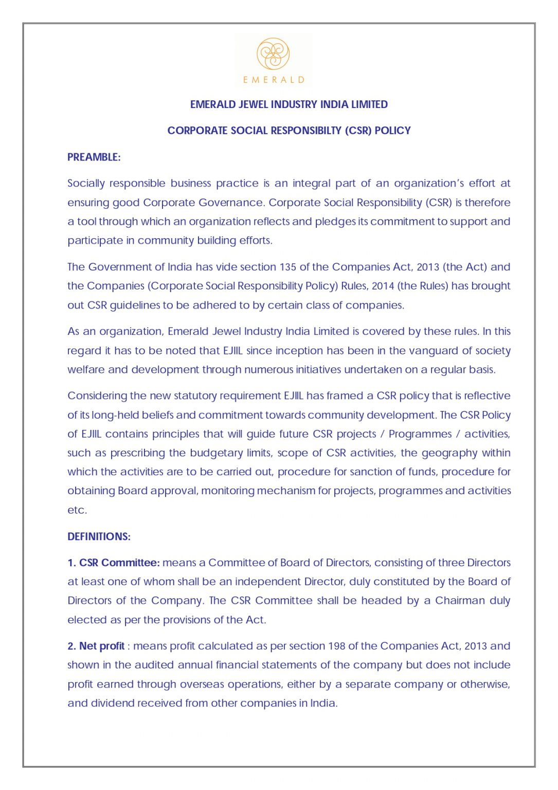 Corporate Social Responsibility Policy