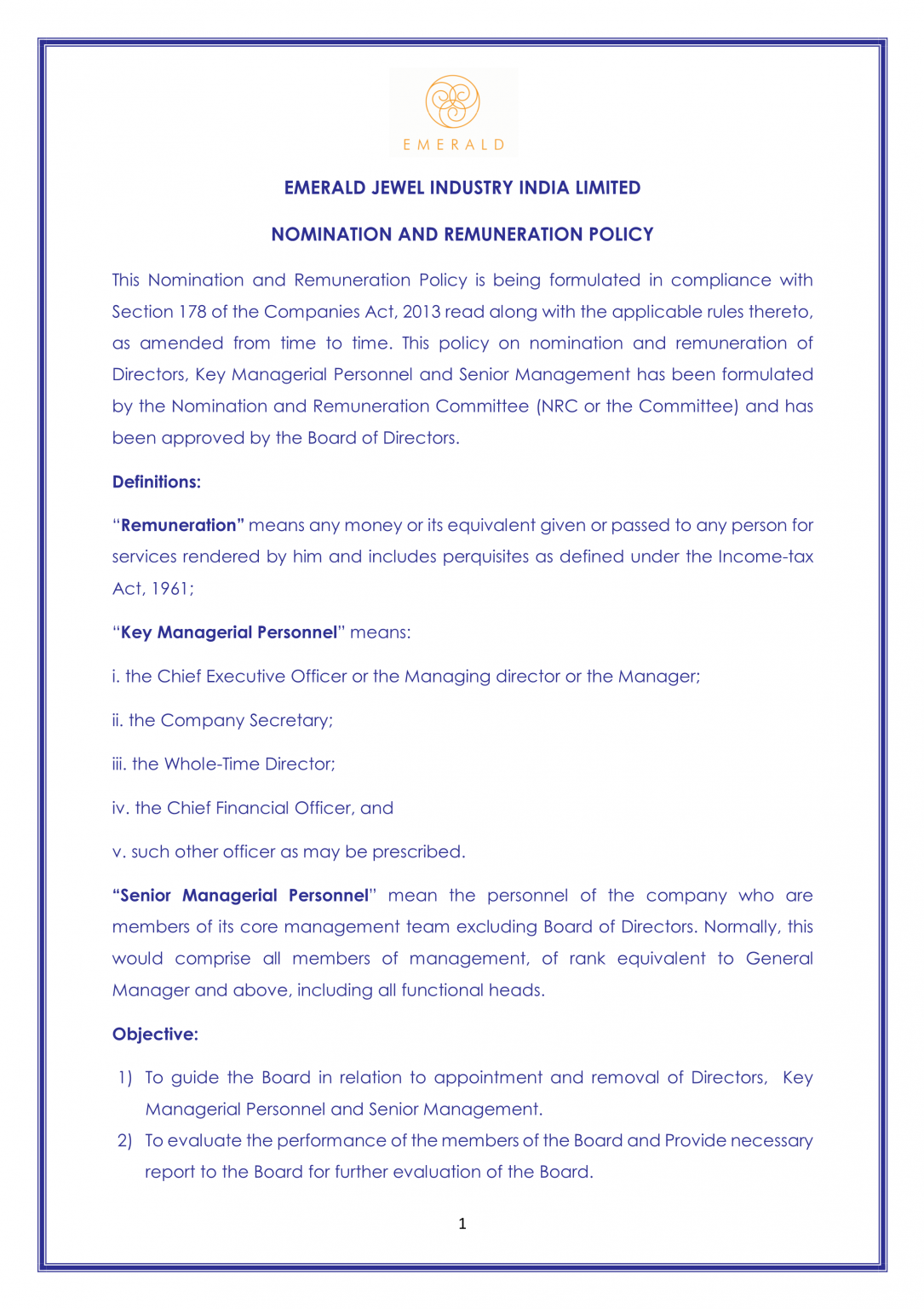 Nomination and Remuneration policy